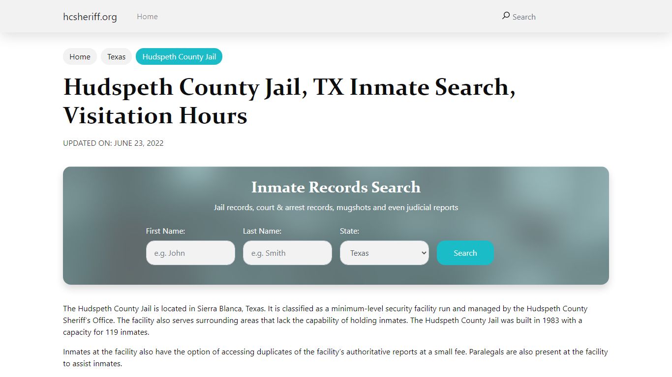 Hudspeth County Jail, TX Inmate Search, Visitation Hours